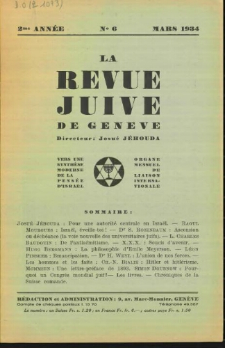 La Revue Juive de Genève. Vol. 2 n° 6 fasc. 16 (mars 1934)